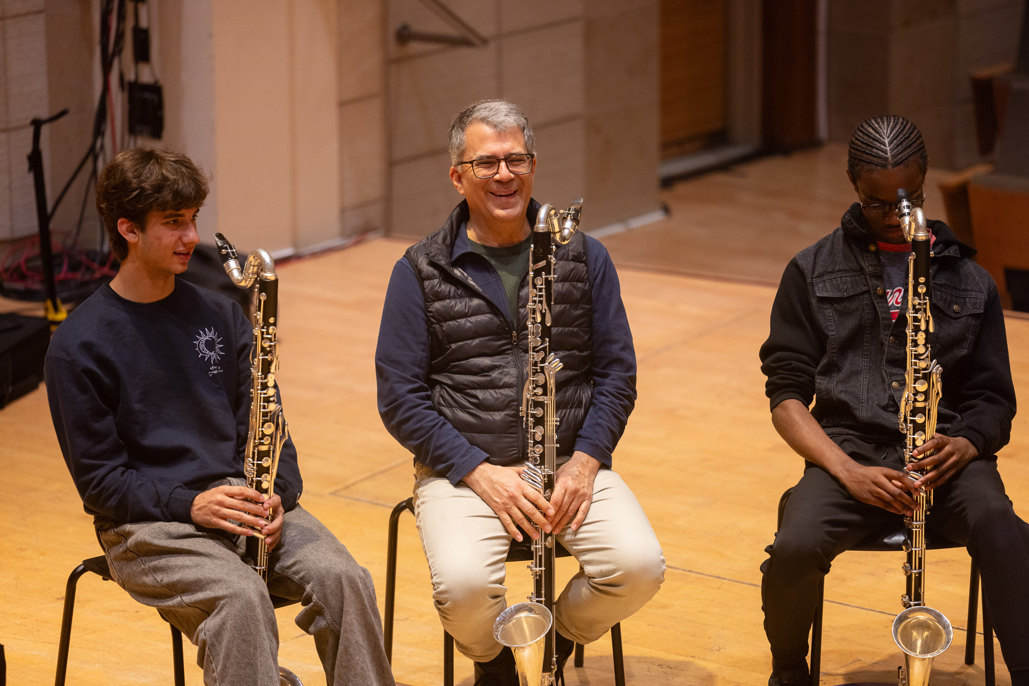 Woodwinds Chair Jerome Simas (middle) at SFCM's bass clarinet summer intensive.