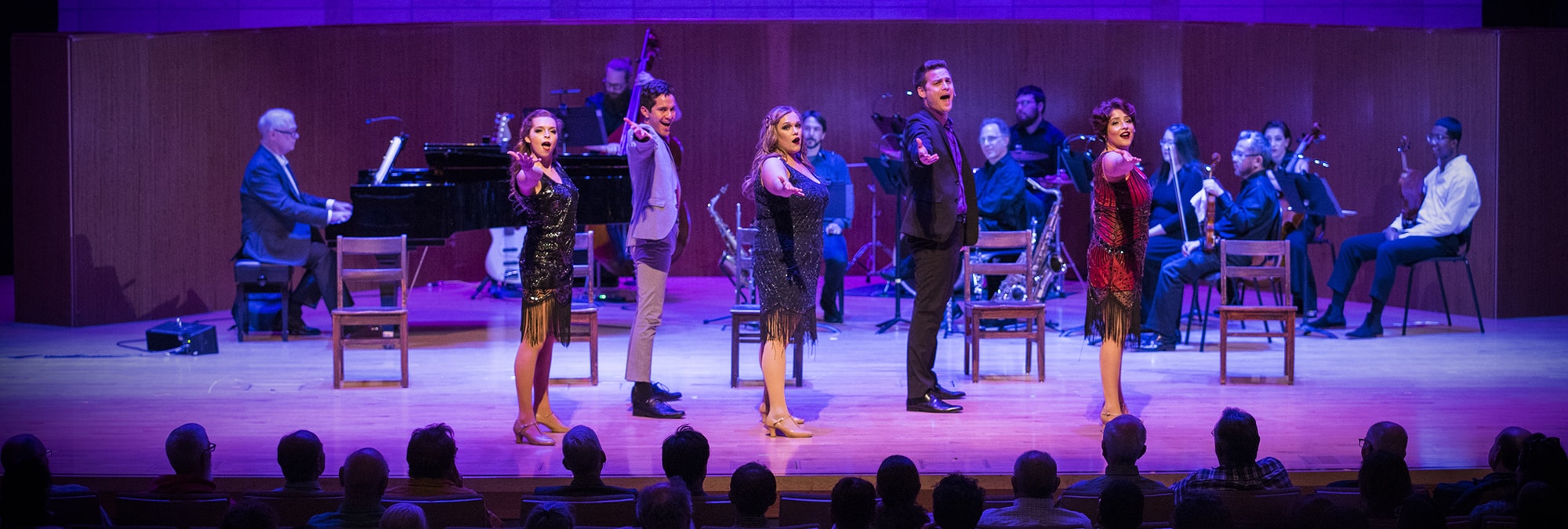 Musical theater performance with Michael Horsley, Katherine Ahmann, Radames Gil, McKaylee Todd, Edward Laurenson, Sarah Nadreau, and band in Caroline H. Hume Concert Hall