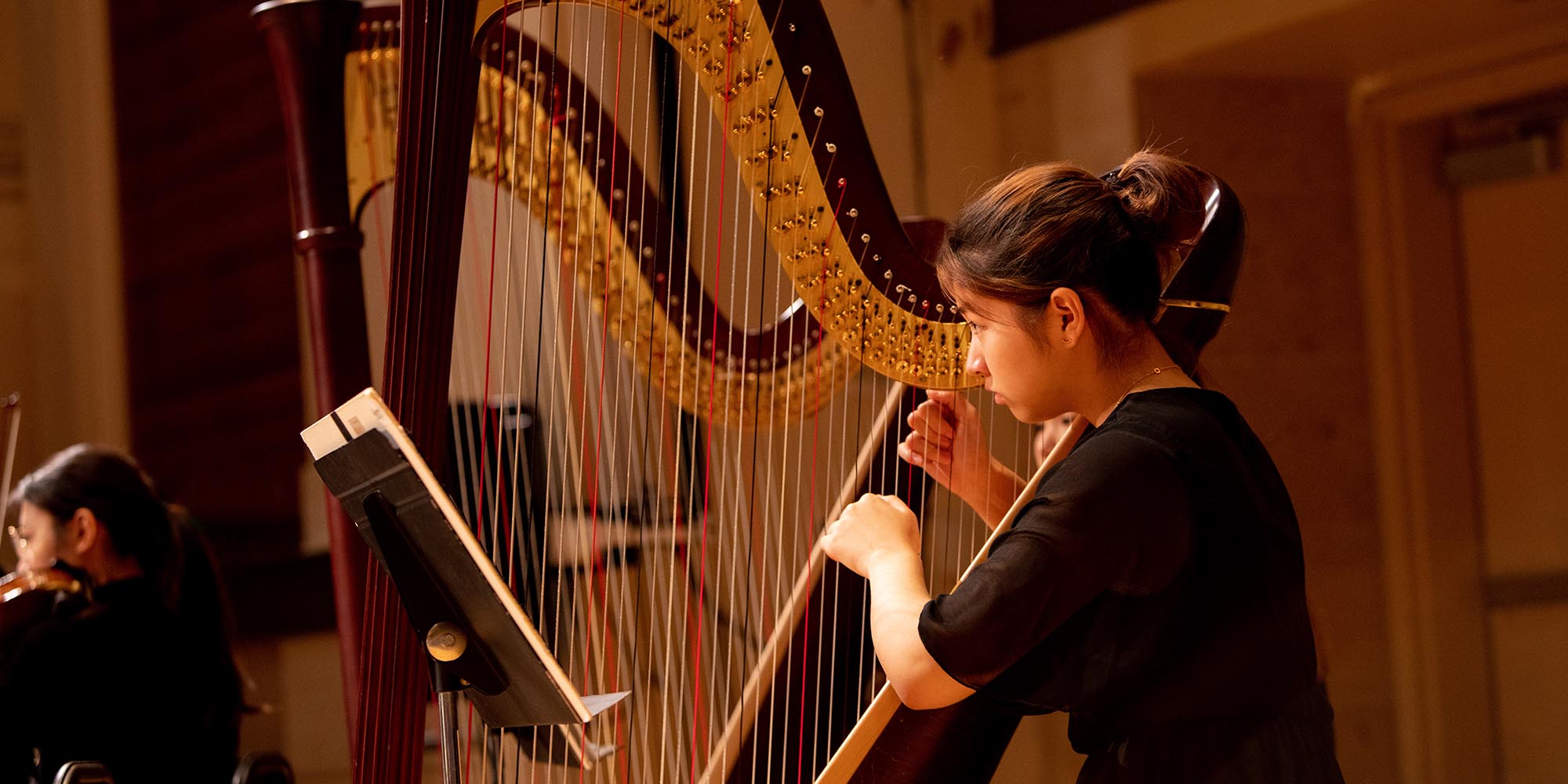 A SFCM student performing on the harp with orchestra