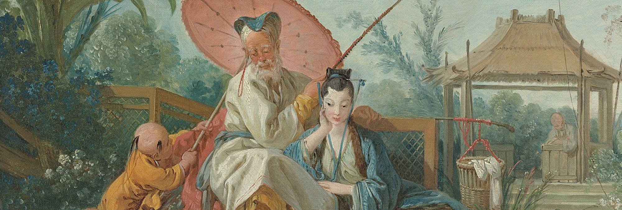 Art: a painting in a historical style, four people out in a garden. A boy holds an umbrella over the head of a man holding a fishing pole while a woman leans on his lap.  In the distance a man leans on the edge of a short wall.