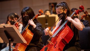 cellos playing in orchestra