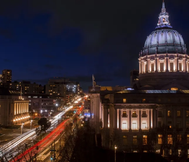 Van Ness Avenue and San Francisco City Hall, seen from SFCM's Barbro Osher Recital Hall.