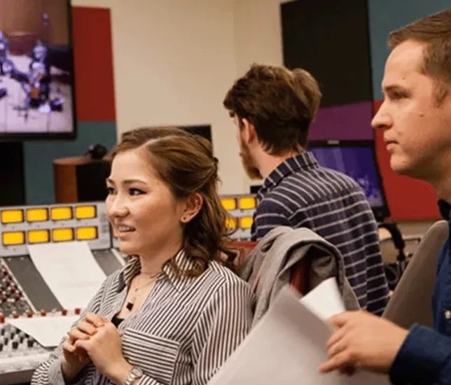 Students inside a recording studio
