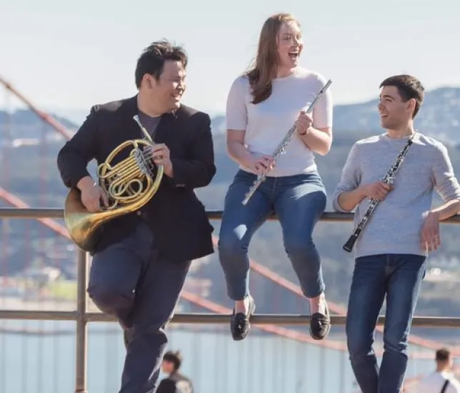SFCM Students at Golden Gate Bridge with their instruments