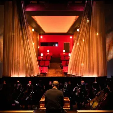 curtains open on the opera stage with the orchestra in the foreground