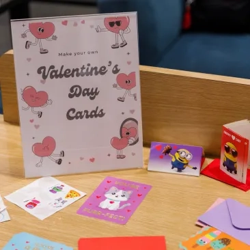 A make-your-own Valentine's Day card station at SFCM.