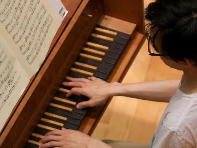 a harpsichord student and his hands from above