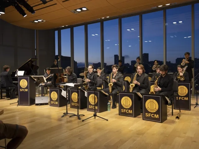The Roots, Jazz, and American Music Big Band performs in the Barbro Osher Recital Hall.
