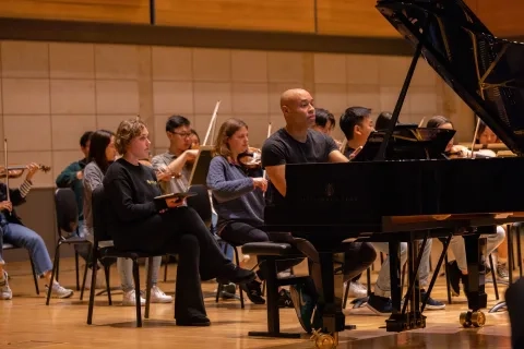 Aaron Diehl at the piano during a rehearsal