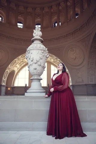 a student sings in front of a statue 