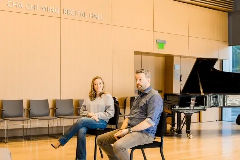 David Cook speaks to students in the Bowes Center.