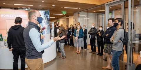 students on an orientation tour of the Bowes center