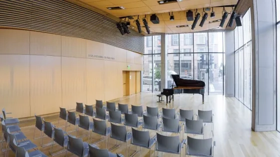 Cha Recital hall with a piano set up on stage