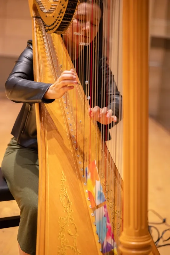 Ellis uses alligator clamps, craft putty, and pieces of paper on her strings to achieve different timbres.