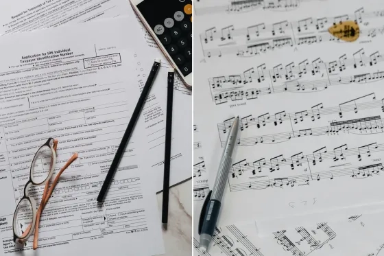 Tax forms next to sheet music.