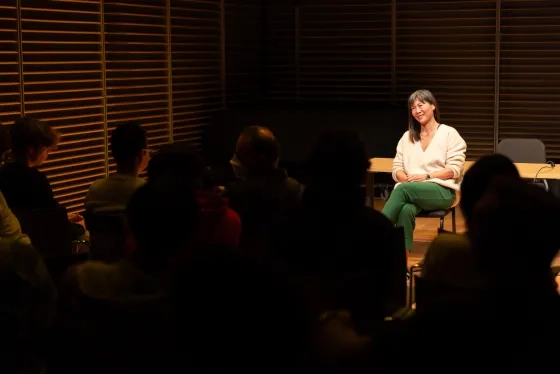 SFFILM Executive Director Anne Lai talks with students in SFCM's Studio G. 