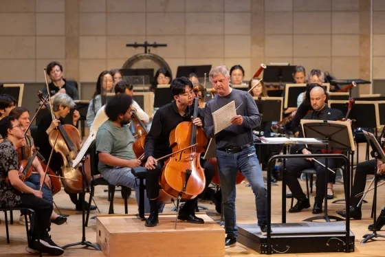 Cellist Alex Liu works with SFBO conductor Martin West.