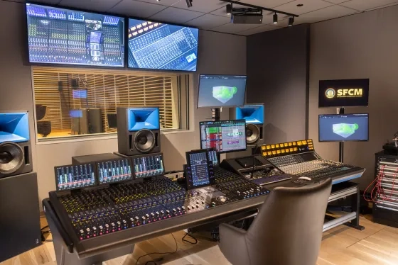 Studio H's mixing desk, with spatial audio mapping displays.