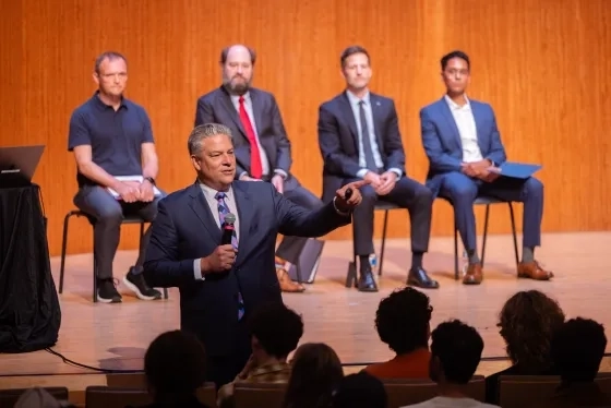 From left: Jason O'Connell, President David Stull, Provost Jonas Wright, Dean Ryan Brown, and Carlos Alvarez at SFCM's 2025 Convocation.