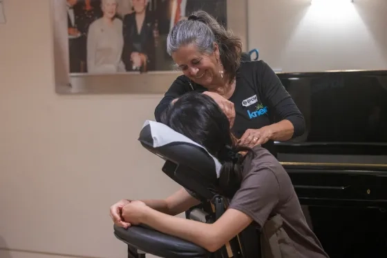 A student receives a massage as part of SFCM's Wellness Week.