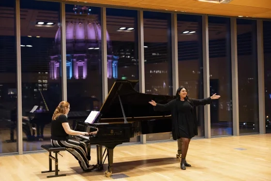 Voice student Syona Ayyankeril sings in the Barbro Osher Recital Hall in SFCM's Bowes Center.