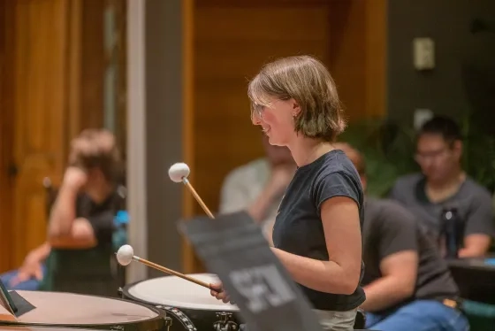 Percussion student Nava Gold plays in Stewart Copeland's Percussion department workshop.