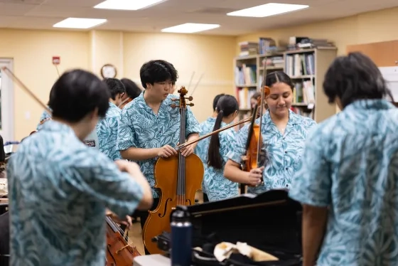 Students at the Hawai'i Chamber Music Festival prepare for a performance.