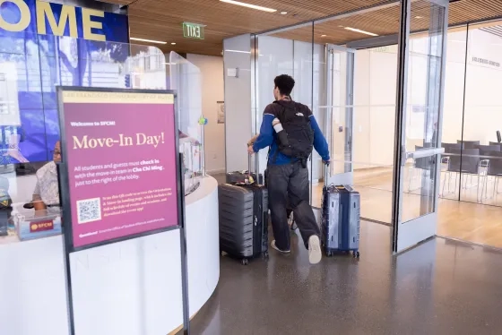 A student moves into SFCM's Bowes Center.
