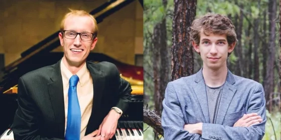 Photo of male individuals, one sitting in front of a piano another in a forest