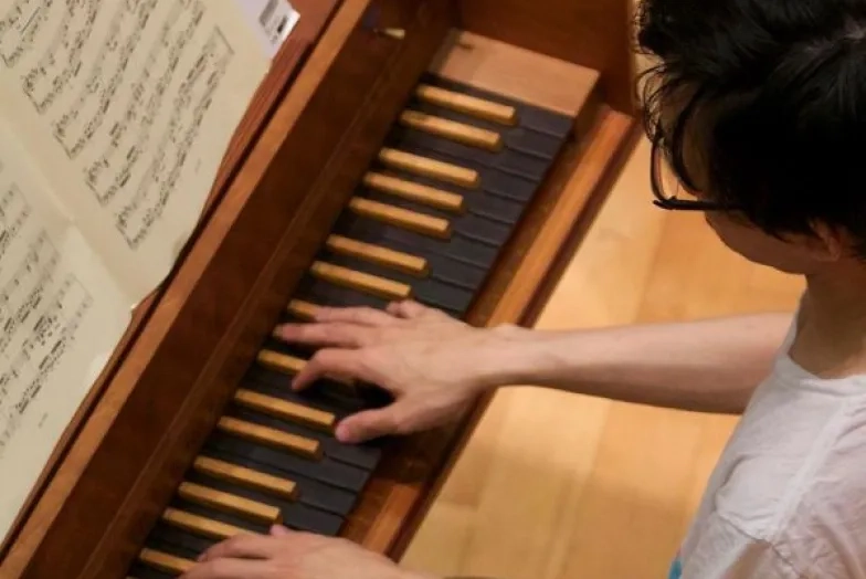a harpsichord student and his hands from above