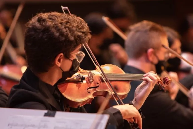 a violinist in the section playing during a performance