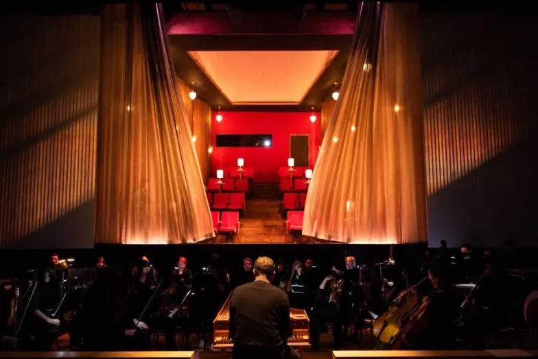 curtains open on the opera stage with the orchestra in the foreground