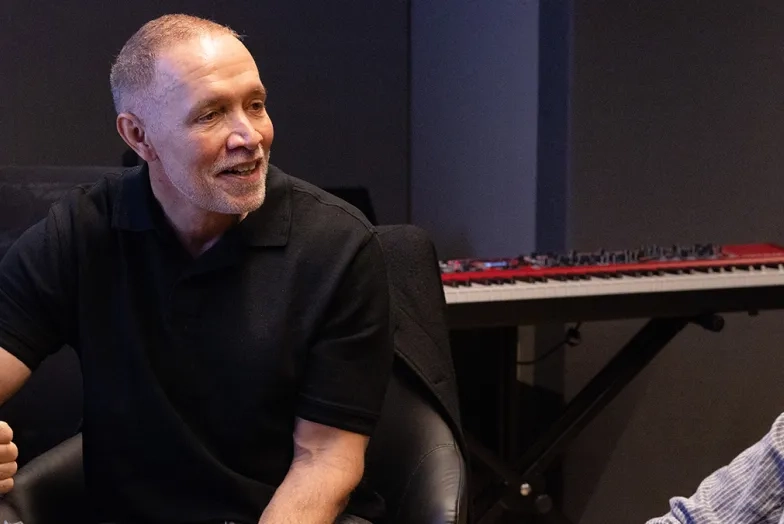 Michael Abels (left) in the Technology and Applied Composition (TAC) Department's flagship Studio H.