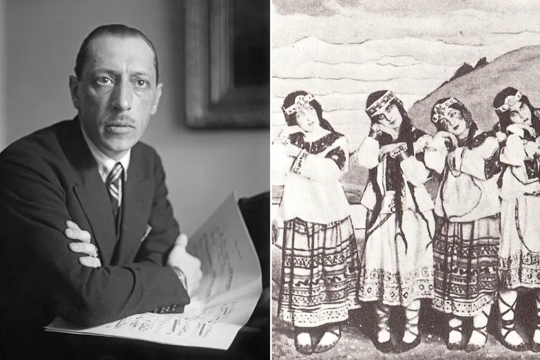 Igor Stravinsky and ballet dancers in the original production of his 'Rite of Spring.' (Courtesy Library of Congress)