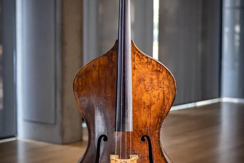 Tramontozzi's bass has guitar-style "shoulders." Tramontozzi's bass has guitar-style "shoulders."
