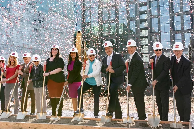 Individuals breaking ground for Bowes center London Breed David Stull Mia Skolnik Ute Bowes Tim Foo