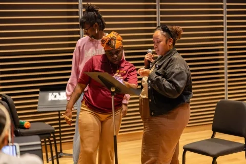 Adrian Jackson (L) and Jay Hernandez (center) at a BSU rehearsal.