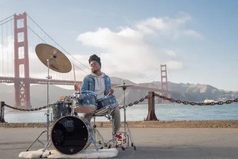 Drum set in front of Golden Gate Bridge