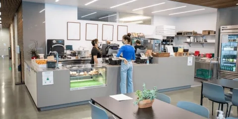 students at the Bowes Center Cafe