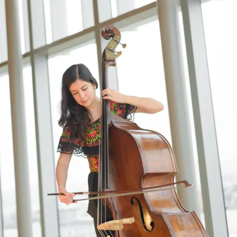 a double bassist plays in front of the windows of osher recital hall