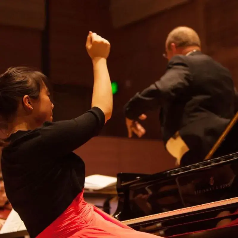 a pianist performs a concerto with the orchestra