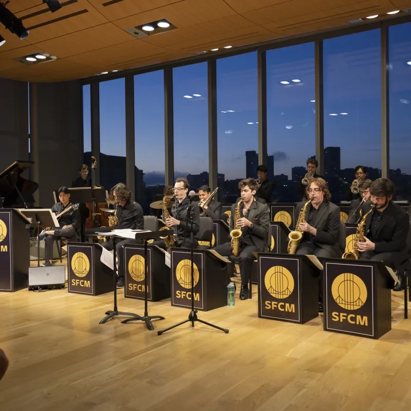 The Roots, Jazz, and American Music Big Band performs in the Barbro Osher Recital Hall.