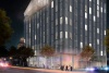 Bowes center rendering street view at night