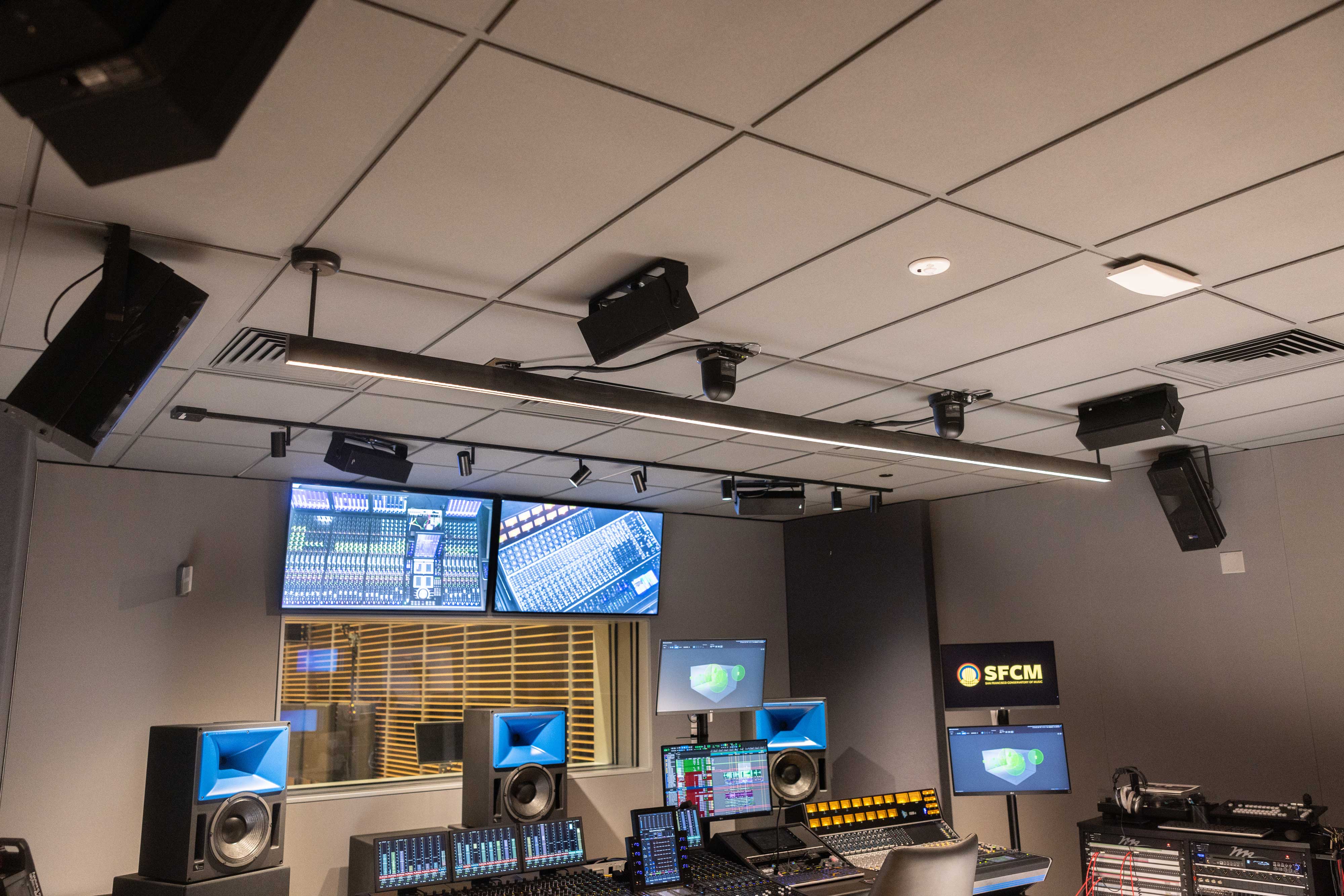 The Dolby Atmos array in Studio G's mixing room.